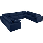 Meridian Furniture - Serene Linen Textured Fabric Deluxe Comfort 8-Piece U-Shaped Sectional, Navy - There's lots to love about the Serene linen textured deluxe cloud-like comfort modular collection, and this eight-piece is not an exception. The soft navy linen textured fabric is cozy and sleek to the touch while the overstuffed down/feather cushions provide gentle support so you can relax and unwind like a VIP. Customize your seating with this modular set by adding the pieces you like most. Latches under each piece make it easy to snap them into position for a look that's modern yet welcoming.
