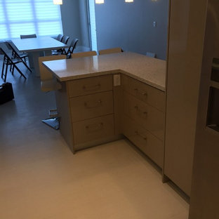 Idée de décoration pour une arrière-cuisine minimaliste en U de taille moyenne avec un évier encastré, un placard à porte plane, des portes de placard blanches, un plan de travail en verre recyclé, une crédence grise, une crédence en carreau de verre, un électroménager en acier inoxydable, un sol en carrelage de porcelaine et une péninsule.