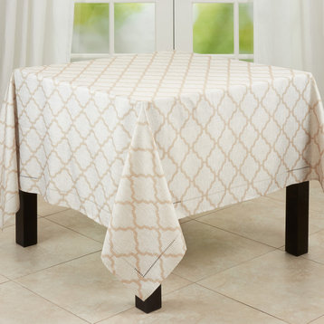 Tablecloth With Laser-Cut Hemstitch Design,Taupe, 70"x70"