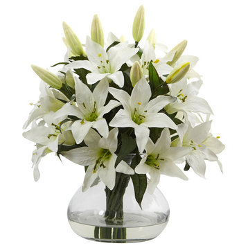16"H Lily Silk Arrangement With Glass Vase