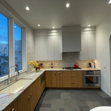 San Francisco kitchen, view from banquette seating, vastly improved work space a