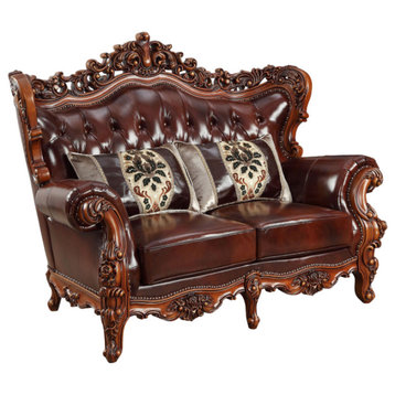 ACME Eustoma Loveseat With 2 Pillows, Cherry Top Grain Leather Match and Walnut