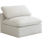 Meridian Furniture - Plush Velvet / Down Standard Comfort Modular Chair, Cream, Armless Chair - No matter how big or little the size of your gang, they can all find their sweet spot when you choose pieces from the Plush collection to build your ideal seating group. Choose this individual Plush piece or pair multiple pieces together to get the custom look everyone will love. The soft cream velvet material is soft and welcoming to the touch, and the set's cushions are overstuffed with a down and feather blend to provide ample support for tired bodies.
