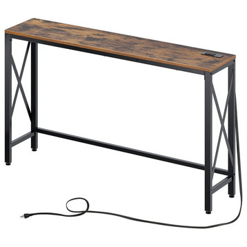Narrow Console Table with Power Outlet, Metal Frame and Adjustable Feet