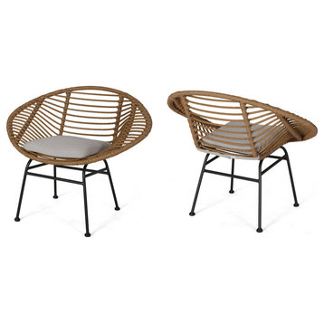 Aleah Outdoor Woven Faux Rattan Chairs With Cushions, Set of 2, Light Brown, Beige Finish
