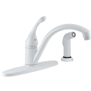 Transitional One-Handle Kitchen Faucet, Mid Arched Design & Side Sprayer, White