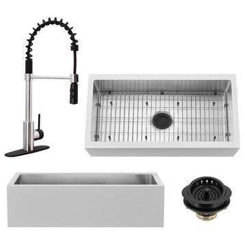 36" Single Bowl Farmhouse Solid Surface Sink and Faucet Kit, Stainless Steel/Black