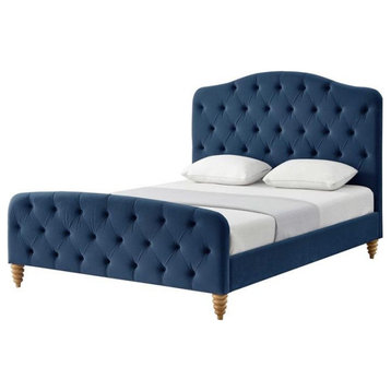 Calliope Bed Navy Velvet Twin Diamond Tufted Headboard and Footboard Upholstered