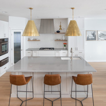 Sleek Modern Contemporary Kitchen w/ White Cabinets, Gray Quartz & Gold Accents