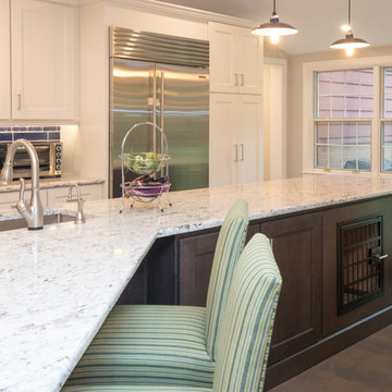Coastal Navy & White Kitchen Remodel | Quartz Island & Herringbone Tile