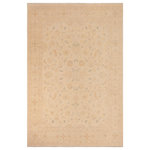 Bareens Designer Rugs - Oriental Ziegler Pat Beige Gold Hand-Knotted Wool Rug - 9'9'' x 12'8'' - Enhance the ambiance of your home with this magnificent Persian-influenced Turkish hand-knotted rug made by skilled artisans capable of creating the most exceptional vegetable dyes and hand-spun wool. This exquisite handmade rug is a one-of-a-kind Peshawar Kafkaz, otherwise identified as Chobi, Chobi Peshawar, Oushak, or Ziegler rug. These handmade rugs are crafted in Pakistan utilizing superior-quality wool imported from Australia, New Zealand, and Korea in two types of weaves: the Persian weave and the Mori weave. This rug is meticulously crafted by hand using the finest natural vegetable dyes extracted from local plants. The artisans use a blend of hand-spun local and fine merino wool, resulting in a rug with a compelling texture, higher lanolin content, and longer staple. The artisans occasionally incorporate natural or artificial silk into the pile to enhance specific motifs. The finished product is an awe-inspiring execution of flawless design and an understated palette that exudes elegance.