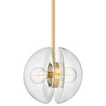 Hudson Valley - Kert 2-Light Pendant, Aged Brass - Kert combines glass and metal in a fresh and functional way. A pair of half-round, clear glass shades are enclosed behind the bulb and mounted on a ring of metal at the center, giving the piece an impressive, sculptural feel. Large in scale and highly versatile, Kert is available as a wall sconce that can be mounted vertically or horizontally, a linear, and a pendant and chandelier in two sizes.