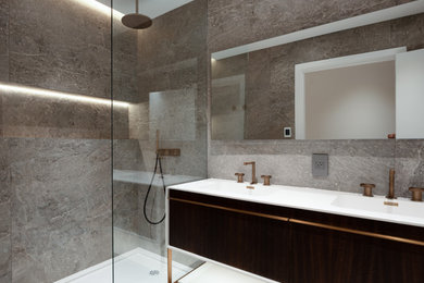 Example of a mid-sized trendy master bathroom design in Vancouver with flat-panel cabinets, dark wood cabinets and a freestanding vanity