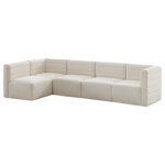 Meridian Furniture - Quincy Velvet Upholstered 5-Piece L-Shaped Modular Sectional, Cream - Show them all that less is more with the minimalist look of this Quincy velvet cloud-like comfort modular sectional. This elegant chair features a simple design that's all about comfort and modern style. The soft cream velvet upholstery is sleek to the touch, and the back of the unit features deep horizontal channel tufting for a look that wows. Because this is a modular seating option, you can pair it easily with other items in the Quincy collection to create a look you love. Latches underneath make it easy to mix and match items from the collection.