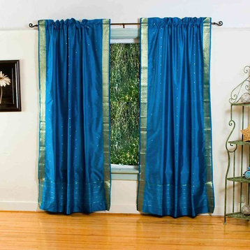 Turquoise 84-inch Rod Pocket Sheer Sari Curtain Panel (India)-Pair
