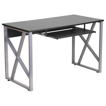 Contemporary Desk, X-Accented Silver Frame With Dark Gray Top & Keyboard Tray