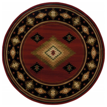 8" Round Red and Beige Ikat Pattern Area Rug