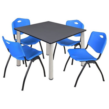 Kee 48" Square Breakroom Table, Gray, Chrome and 4 'M' Stack Chairs, Blue