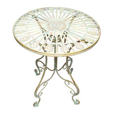 Metal Bistro Table With Curved Legs, Scrolling Heart and Peacock Tail Motif