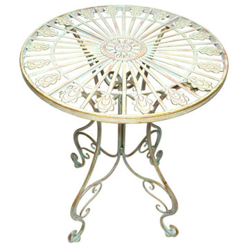 Metal Bistro Table With Curved Legs, Scrolling Heart and Peacock Tail Motif