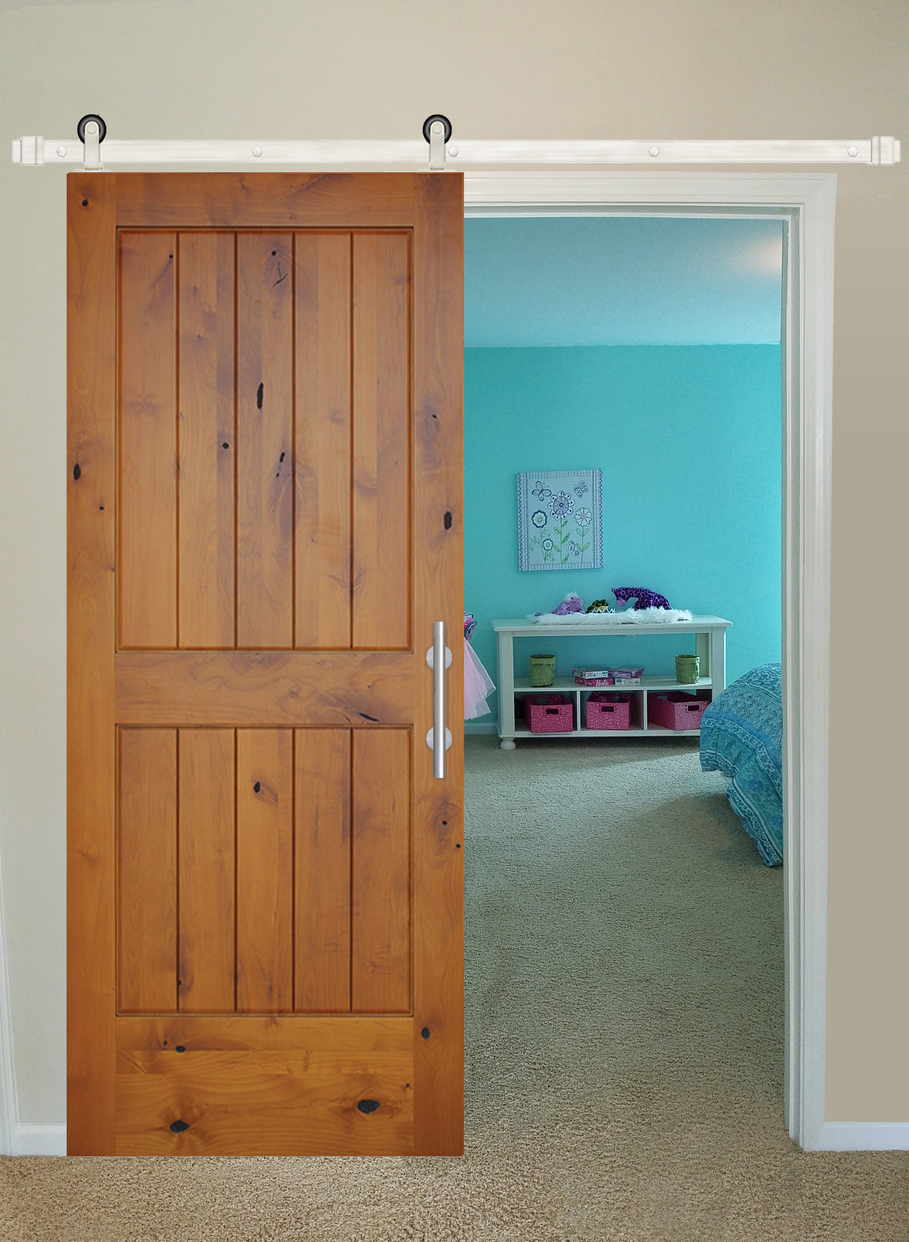 Prefinished Interior Knotty Alder 2 Panel V-Groove Barn Door, Stainless