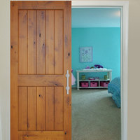 Prefinished Interior Knotty Alder 2 Panel V-Groove Barn Door, Stainless