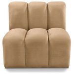 Meridian Furniture - Arc Upholstered Modular Component, Camel, 1-Piece: Straight Chair, Velvet - Give your living room or den the perfect blend of style and versatility with this Arc velvet fabric straight chair. Part of the Arc modular furniture collection, this chair comes upholstered in rich camel velvet fabric and features deep channel tufting that adds a touch of luxury while enhancing comfort and support. A seamless combination of form and function, this chair can be used with other Arc pieces to create a myriad of configurations in your well-curated room.