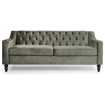 Jameer Modern Glam Tufted Velvet 3 Seater Sofa, Grey/Dark Brown