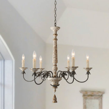 LALUZ 6-Light Shabby-Chic French Country Wooden Chandeliers Retro-white Wooden