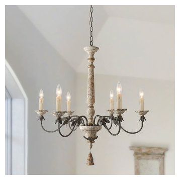 LALUZ 6-Light Shabby-Chic French Country Wooden Chandeliers Retro-white Wooden