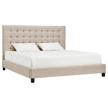 Andrian Button Tufted Linen Upholstered Panel Bed, Beige, King