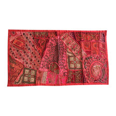 Mogul Interior - Red Runner Vintage Sari Throw Kutch Embroidered Tapestry - Tapestries