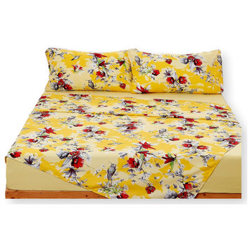 Sunshine Yellow Hummingbirds Floral Fitted & Flat Bed Sheets Set, Queen