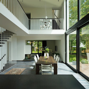 ライプツィヒの広いコンテンポラリースタイルのLDKの画像 (白い壁、両方向型暖炉、漆喰の暖炉まわり、淡色無垢フローリング)