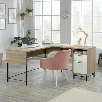 Modern L-Shaped Desk, White Drawers & Spacious Top With Grommets, Sky Oak/White