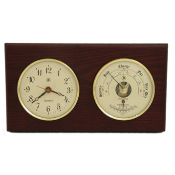 Brass Quartz Clock and Barometer/Thermometer on Mahogany