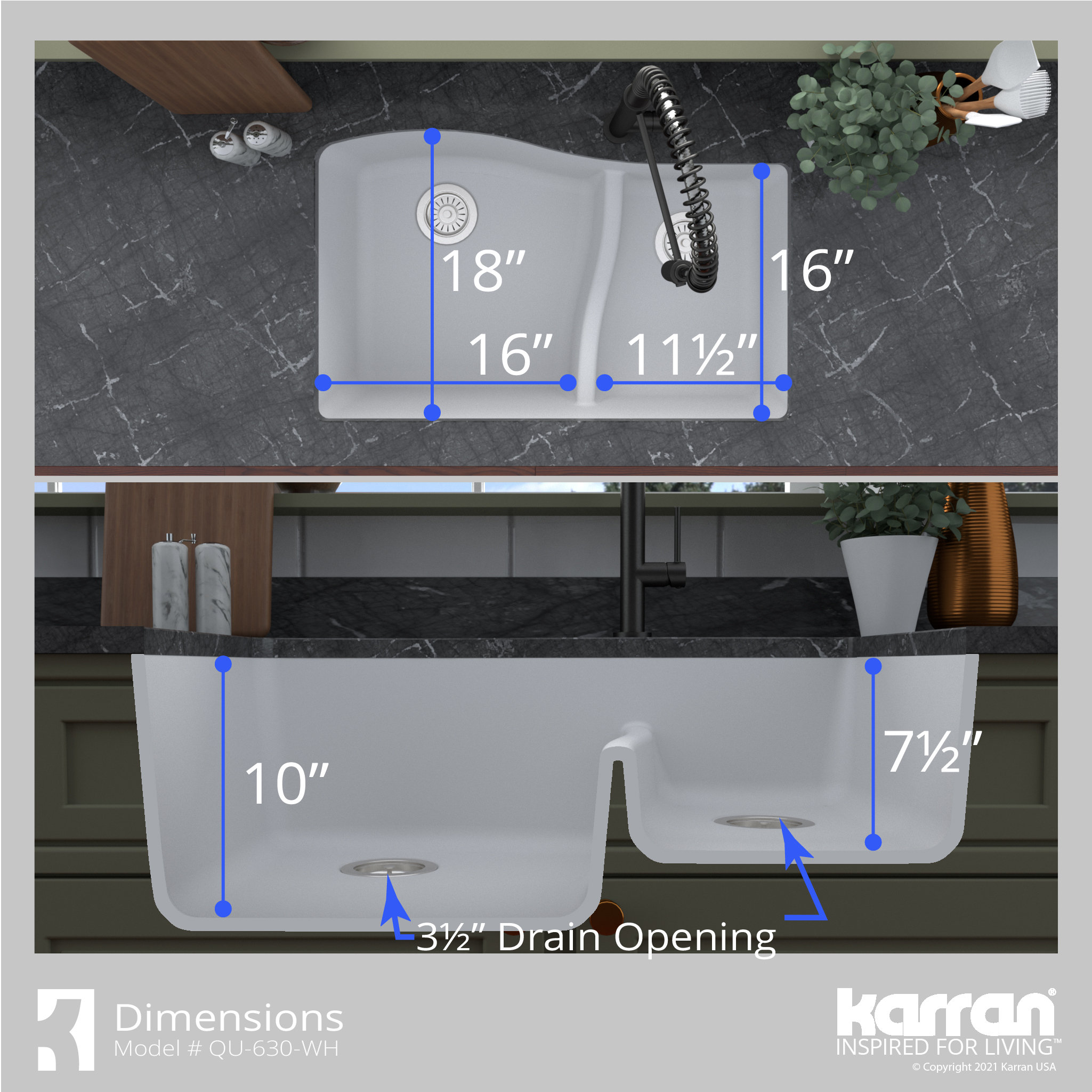 Karran Undermount Quartz 32" 60/40 Double Bowl Kitchen Sink, White
