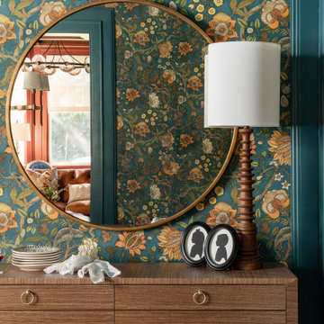 Moody Sophisticated Dining Room with Deep Teal Floral Wallpaper and Trim