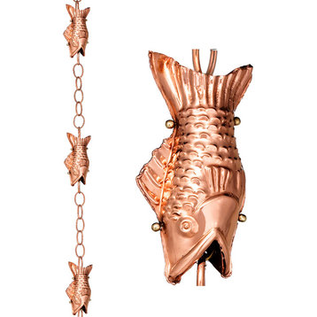 100% Blue Verde Pure Copper Fish Rain Chain, 8 1/2 Ft, Large Wide Mouthed Fish