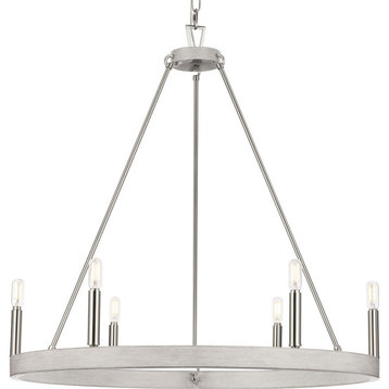Galloway 6-Light 28.25" Brushed Nickel Chandelier With Grey Washed Oak Accents