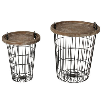 Set of 2 Nesting End Table, Mesh Storage Base & Removable Tray Top, Rustic Brown