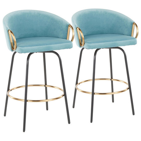 Claire Counter Stool, Set of 2, Black Metal, Gold Metal, Light Blue Velvet