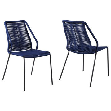 Clip Indoor Outdoor Stackable Steel Dining Chair With Blue Rope, Set of 2