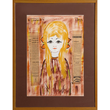 Francois "Blonde Girl With Orange Bows" Acrylic and Collage Painting