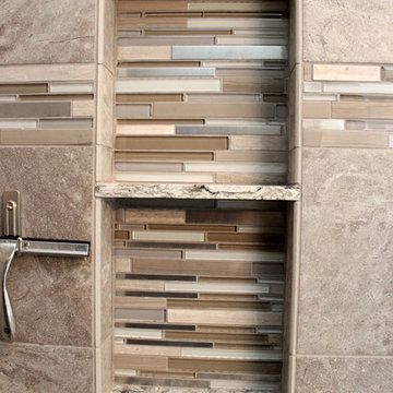 Cherry Onyx Vanity with Cambria Bellingham Countertops and Gray Tiled Shower