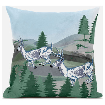16x16 Green Blue Deer Blown Seam Broadcloth Animal Print Throw Pillow