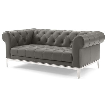 Modern Designer Living Room Lounge Club Lobby Loveseat Sofa, Leather, Grey Gray