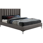 Meridian Furniture - Nadia Velvet Upholstered Bed, Gray, Full - Revamp your bedroom space with this Nadia velvet full-size bed. Lovely and eye-grabbing, this pretty bed features an ultra-high headboard that's dramatic and funand that provides just the right spot for leaning your back against while you watch TV or read. Deep vertical channel tufting and a wing-back design add to the luxe look of this headboard, and soft grey velvet fabric ensures its visual appeal from all angles. Matte black metal legs finish the bed off and provide clearance below for sweeping.