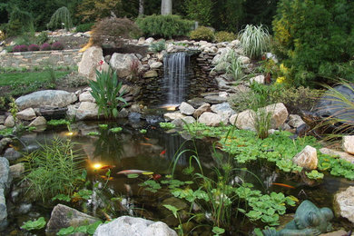 Design ideas for a mid-sized asian full sun backyard stone water fountain landscape in New York.