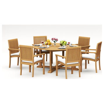 7-Piece Outdoor Teak Dining Set, 60" Round Table, 6 Lua Stacking Arm Chairs